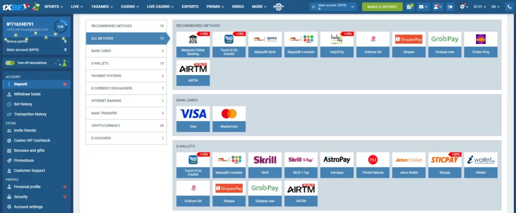 1xBet Singapore 移动应用程序中提供的存款和取款选项